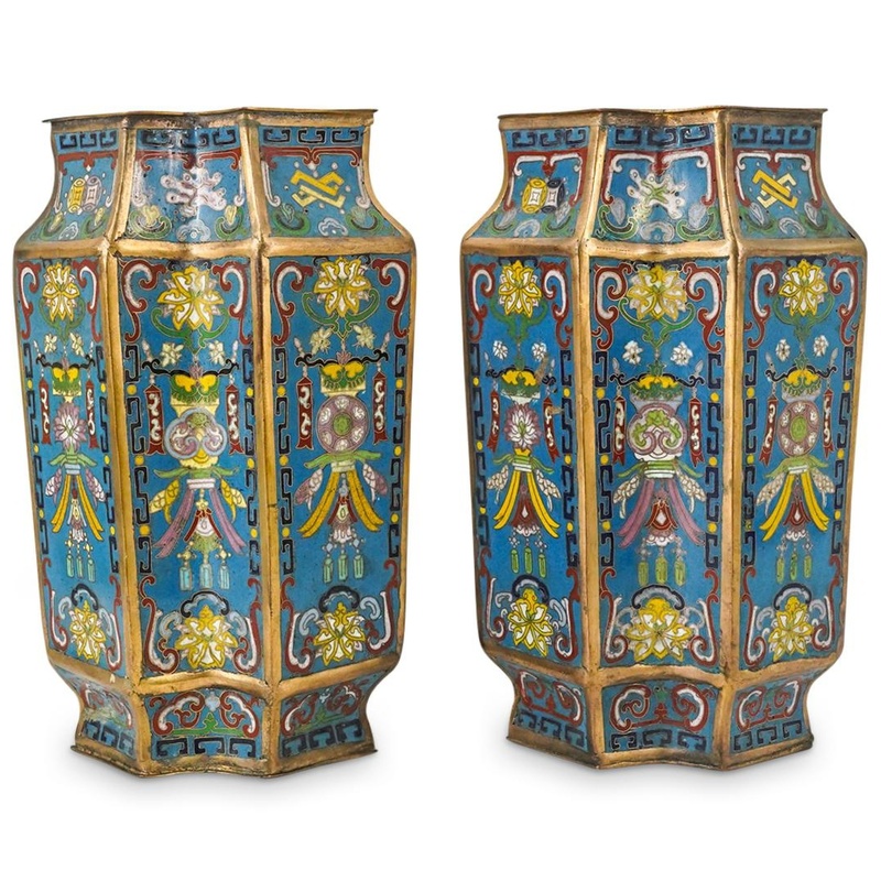 Pair Of Chinese Octagonal 8 Side Cloisonne Enamel Vases.