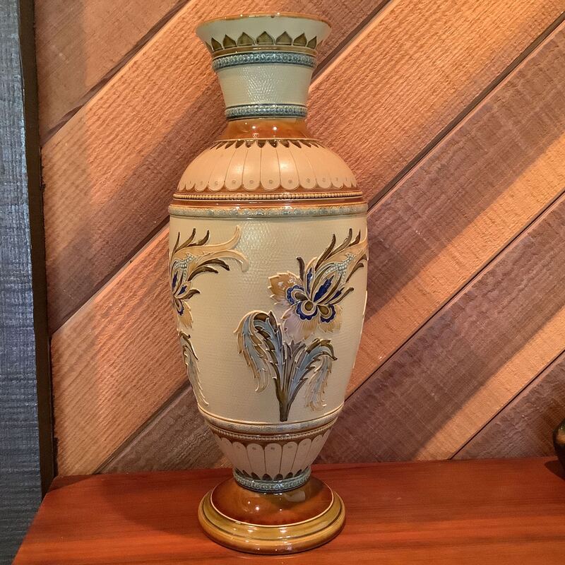 Villeroy-Boch Vase, Tan and Blue Flower Motif 6.5diax16.5