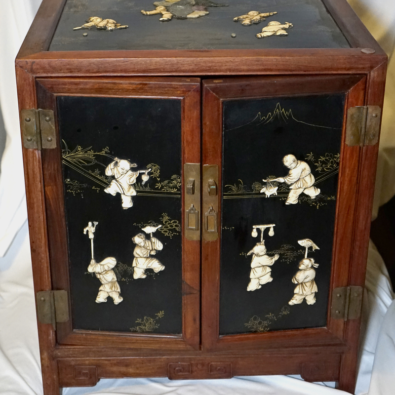 Black lacquer Soapstone and Carved Cabinet with Brass 