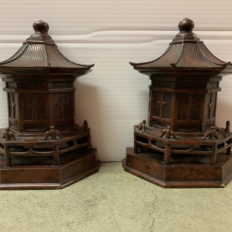 PAIR OF BRONZE PAGODA FORM BOOKENDS WITH KANJI MARK ON THE BACK?