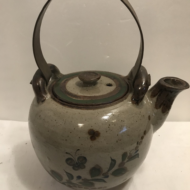 POTTERY TEA KETTLE WITH METAL HANDLE WITH MARKING