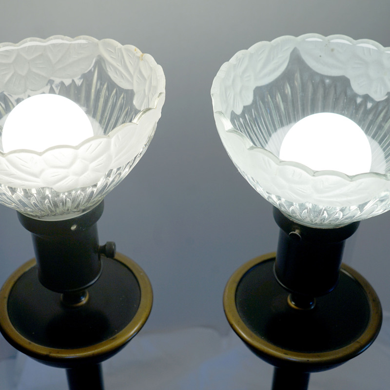 An assembled trio of arts and crafts lamps  with glass shades--one by Tower lamps.