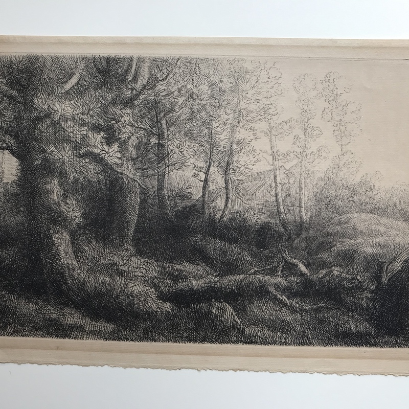 Trees, Distant Rooftops. Etching.unsigned.
